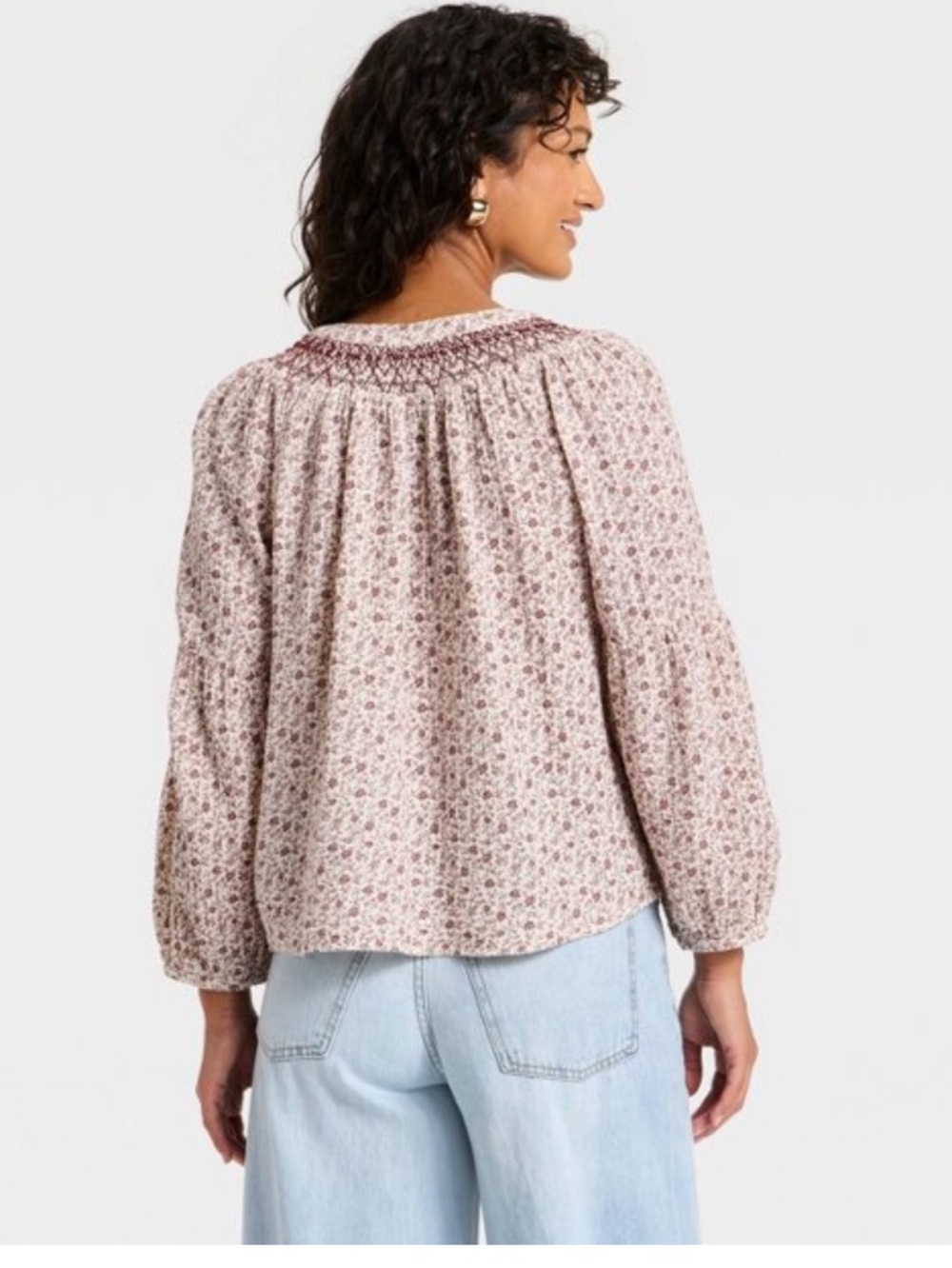 Women’s Raglan Long Sleeve Tie-Front Blouse.   Brown Floral.  XS - Picture 2 of 15